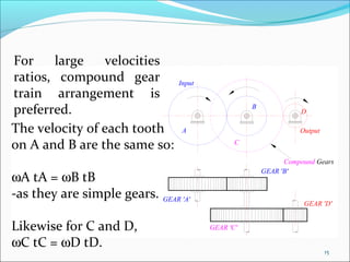 For    large    velocities
ratios, compound gear           Input
train arrangement is
preferred.                                         B
                                                                 D

The velocity of each tooth       A                               Output

on A and B are the same so:                    C

                                                             Compound Gears
                                                       GEAR 'B'
ωA tA = ωB tB
-as they are simple gears. GEAR 'A'
                                                                  GEAR 'D'


Likewise for C and D,                   GEAR 'C'

ωC tC = ωD tD.
                                                                          15
 