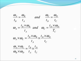 ω A ωB                   ωC ω D
     =             and       =
tB      tA               tD     tC
       tB × ωB              tD × ωD
ωA =             and ωC =
          tA                   TC
             tB × ωB tD × ωD
ω A × ωC =           ×
                tA      tC
ω A × ωC t B t D
           = ×
ω B × ω D t A tC
                                      16
 