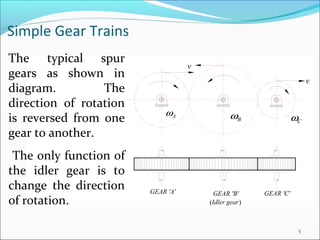 Simple Gear Trains
The typical spur
                                   v
gears as shown in
                                                                      v
diagram.         The
direction of rotation
                            ωA                ωB
is reversed from one                                             ωC
gear to another.
 The only function of
the idler gear is to
change the direction    GEAR 'A'         GEAR 'B'     GEAR 'C'
of rotation.                           (Idler gear)



                                                                  5
 