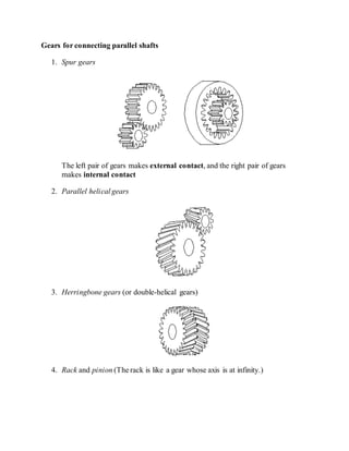 Gears for connecting parallel shafts
1. Spur gears
The left pair of gears makes external contact, and the right pair of gears
makes internal contact
2. Parallel helical gears
3. Herringbone gears (or double-helical gears)
4. Rack and pinion (The rack is like a gear whose axis is at infinity.)
 