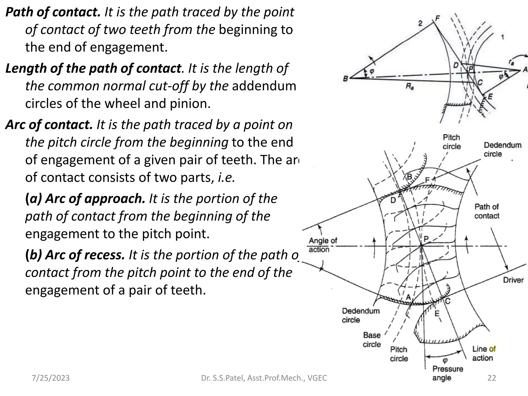 Path of contact. It is the path traced by the point
of contact of two teeth from the beginning to
the end of engagement.
Length of the path of contact. It is the length of
the common normal cut-off by the addendum
circles of the wheel and pinion.
Arc of contact. It is the path traced by a point on
the pitch circle from the beginning to the end
of engagement of a given pair of teeth. The arc
of contact consists of two parts, i.e.
(a) Arc of approach. It is the portion of the
path of contact from the beginning of the
engagement to the pitch point.
(b) Arc of recess. It is the portion of the path of
contact from the pitch point to the end of the
engagement of a pair of teeth.
22
7/25/2023 Dr. S.S.Patel, Asst.Prof.Mech., VGEC
 