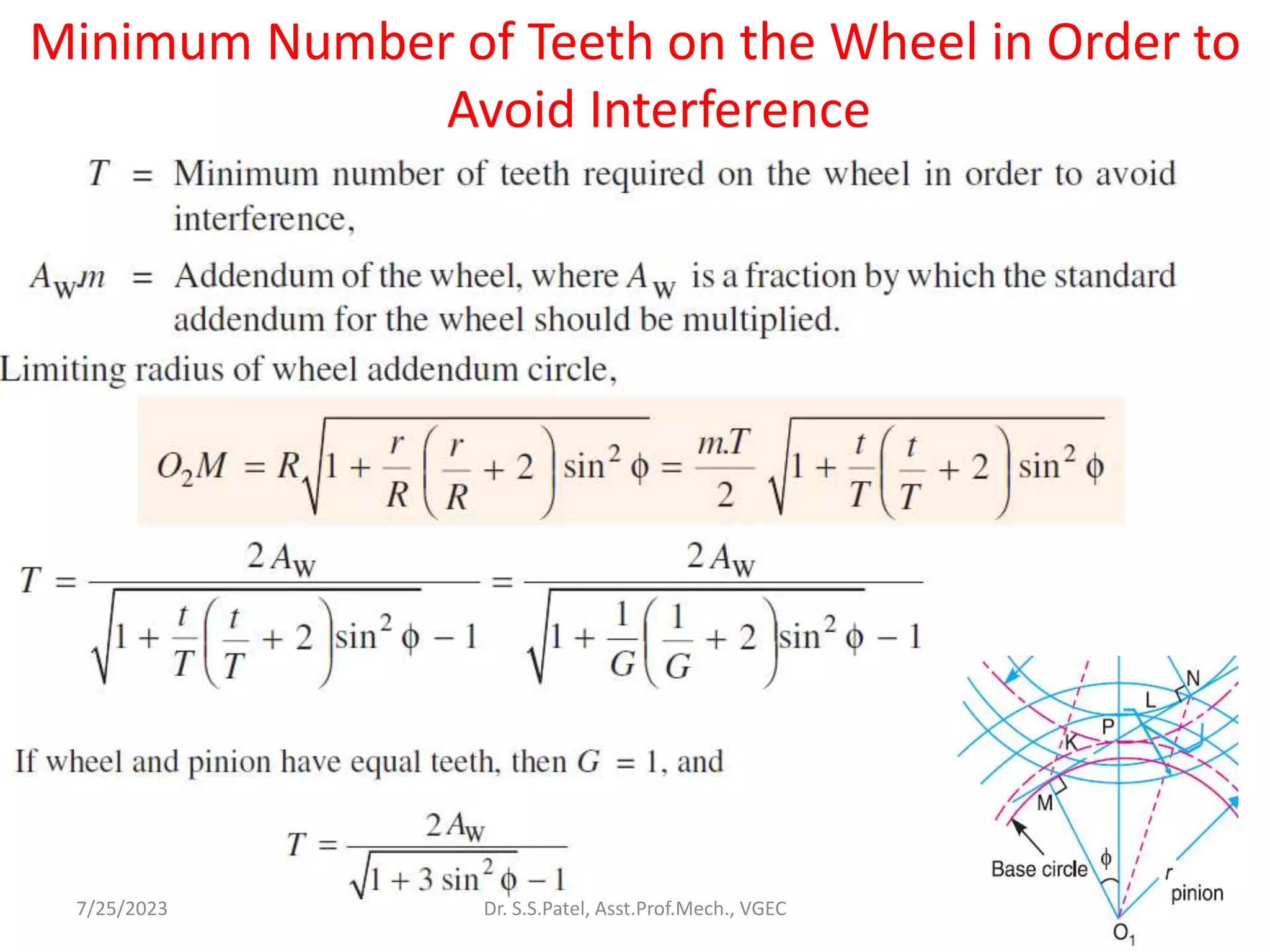 Minimum Number of Teeth on the Wheel in Order to
Avoid Interference
46
7/25/2023 Dr. S.S.Patel, Asst.Prof.Mech., VGEC
 
