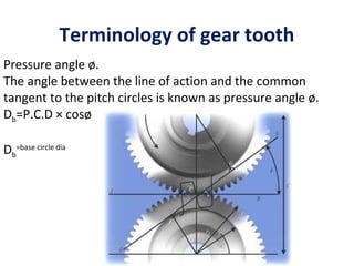 Terminology of gear tooth
Pressure angle ø.
The angle between the line of action and the common
tangent to the pitch circles is known as pressure angle ø.
Db=P.C.D × cosø

Db=base circle dia
 