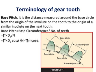 Terminology of gear tooth
Base Pitch. It is the distance measured around the base circle
from the origin of the involute on the tooth to the origin of a
similar involute on the next tooth.
Base Pitch=Base Circumference/ No. of teeth
=∏×Db/N
=∏×Dp cosø /N=∏mcosø.
 