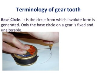 Terminology of gear tooth
Base Circle. It is the circle from which involute form is
generated. Only the base circle on a gear is fixed and
unalterable.
 
