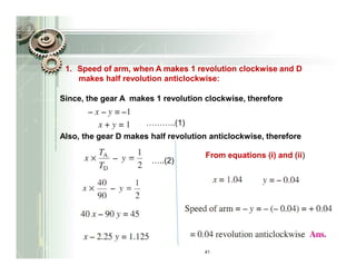 1. Speed of arm, when A makes 1 revolution clockwise and D
    makes half revolution anticlockwise:

Since, the gear A makes 1 revolution clockwise, therefore


                             ..(1)
Also, the gear D makes half revolution anticlockwise, therefore

                                      From equations (i) and (ii)
                          ..(2)




                                     41
 