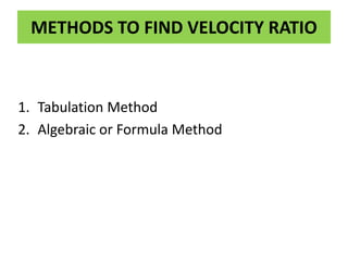 METHODS TO FIND VELOCITY RATIO
1. Tabulation Method
2. Algebraic or Formula Method
 