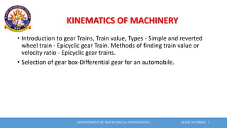 KINEMATICS OF MACHINERY
DEPARTMENT OF MECHANICAL ENGINEERING SLIDE NUMBER 1
• Introduction to gear Trains, Train value, Types - Simple and reverted
wheel train - Epicyclic gear Train. Methods of finding train value or
velocity ratio - Epicyclic gear trains.
• Selection of gear box-Differential gear for an automobile.
 