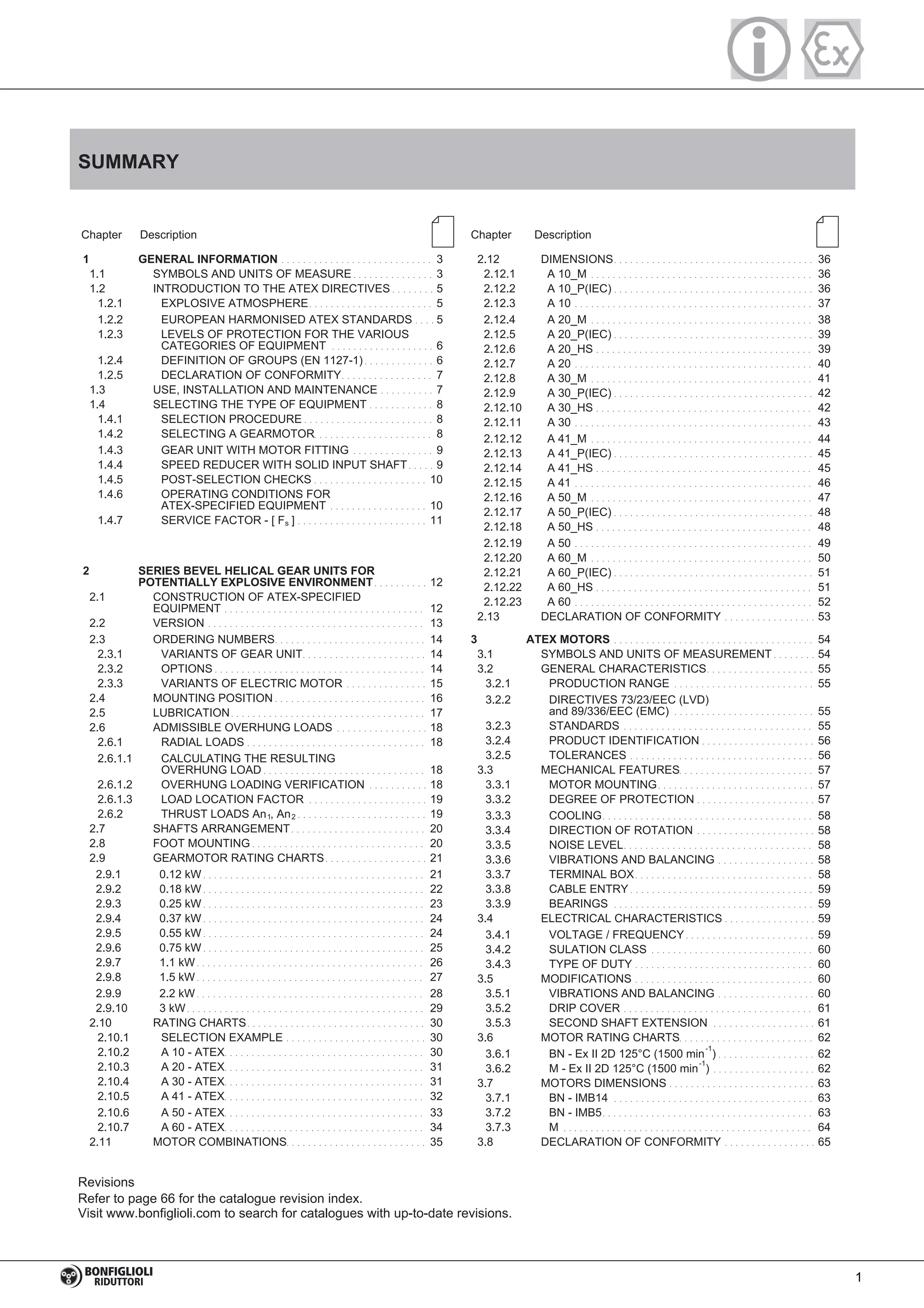 1
Revisions
Refer to page 66 for the catalogue revision index.
Visit www.bonfiglioli.com to search for catalogues with up-to-date revisions.
SUMMARY
Chapter
1 GENERAL INFORMATION . . . . . . . . . . . . . . . . . . . . . . . . . . . . 3
1.1 SYMBOLS AND UNITS OF MEASURE . . . . . . . . . . . . . . . 3
1.2 INTRODUCTION TO THE ATEX DIRECTIVES . . . . . . . . 5
1.2.1 EXPLOSIVE ATMOSPHERE. . . . . . . . . . . . . . . . . . . . . . . 5
1.2.2 EUROPEAN HARMONISED ATEX STANDARDS . . . . 5
1.2.3 LEVELS OF PROTECTION FOR THE VARIOUS
CATEGORIES OF EQUIPMENT . . . . . . . . . . . . . . . . . . . 6
1.2.4 DEFINITION OF GROUPS (EN 1127-1) . . . . . . . . . . . . . 6
1.2.5 DECLARATION OF CONFORMITY. . . . . . . . . . . . . . . . . 7
1.3 USE, INSTALLATION AND MAINTENANCE . . . . . . . . . . 7
1.4 SELECTING THE TYPE OF EQUIPMENT . . . . . . . . . . . . 8
1.4.1 SELECTION PROCEDURE . . . . . . . . . . . . . . . . . . . . . . . . 8
1.4.2 SELECTING A GEARMOTOR. . . . . . . . . . . . . . . . . . . . . . 8
1.4.3 GEAR UNIT WITH MOTOR FITTING . . . . . . . . . . . . . . . 9
1.4.4 SPEED REDUCER WITH SOLID INPUT SHAFT . . . . . 9
1.4.5 POST-SELECTION CHECKS . . . . . . . . . . . . . . . . . . . . . 10
1.4.6 OPERATING CONDITIONS FOR
ATEX-SPECIFIED EQUIPMENT . . . . . . . . . . . . . . . . . . 10
1.4.7 SERVICE FACTOR - [ Fs ] . . . . . . . . . . . . . . . . . . . . . . . . 11
2 SERIES BEVEL HELICAL GEAR UNITS FOR
POTENTIALLY EXPLOSIVE ENVIRONMENT . . . . . . . . . . 12
2.1 CONSTRUCTION OF ATEX-SPECIFIED
EQUIPMENT . . . . . . . . . . . . . . . . . . . . . . . . . . . . . . . . . . . . . 12
2.2 VERSION . . . . . . . . . . . . . . . . . . . . . . . . . . . . . . . . . . . . . . . . 13
2.3 ORDERING NUMBERS. . . . . . . . . . . . . . . . . . . . . . . . . . . . 14
2.3.1 VARIANTS OF GEAR UNIT. . . . . . . . . . . . . . . . . . . . . . . 14
2.3.2 OPTIONS . . . . . . . . . . . . . . . . . . . . . . . . . . . . . . . . . . . . . . . 14
2.3.3 VARIANTS OF ELECTRIC MOTOR . . . . . . . . . . . . . . . 15
2.4 MOUNTING POSITION . . . . . . . . . . . . . . . . . . . . . . . . . . . . 16
2.5 LUBRICATION. . . . . . . . . . . . . . . . . . . . . . . . . . . . . . . . . . . . 17
2.6 ADMISSIBLE OVERHUNG LOADS . . . . . . . . . . . . . . . . . 18
2.6.1 RADIAL LOADS . . . . . . . . . . . . . . . . . . . . . . . . . . . . . . . . . 18
2.6.1.1 CALCULATING THE RESULTING
OVERHUNG LOAD . . . . . . . . . . . . . . . . . . . . . . . . . . . . . . 18
2.6.1.2 OVERHUNG LOADING VERIFICATION . . . . . . . . . . . 18
2.6.1.3 LOAD LOCATION FACTOR . . . . . . . . . . . . . . . . . . . . . . 19
2.6.2 THRUST LOADS An1, An2 . . . . . . . . . . . . . . . . . . . . . . . . 19
2.7 SHAFTS ARRANGEMENT. . . . . . . . . . . . . . . . . . . . . . . . . 20
2.8 FOOT MOUNTING . . . . . . . . . . . . . . . . . . . . . . . . . . . . . . . . 20
2.9 GEARMOTOR RATING CHARTS. . . . . . . . . . . . . . . . . . . 21
2.9.1 0.12 kW . . . . . . . . . . . . . . . . . . . . . . . . . . . . . . . . . . . . . . . . . 21
2.9.2 0.18 kW . . . . . . . . . . . . . . . . . . . . . . . . . . . . . . . . . . . . . . . . . 22
2.9.3 0.25 kW . . . . . . . . . . . . . . . . . . . . . . . . . . . . . . . . . . . . . . . . . 23
2.9.4 0.37 kW . . . . . . . . . . . . . . . . . . . . . . . . . . . . . . . . . . . . . . . . . 24
2.9.5 0.55 kW . . . . . . . . . . . . . . . . . . . . . . . . . . . . . . . . . . . . . . . . . 24
2.9.6 0.75 kW . . . . . . . . . . . . . . . . . . . . . . . . . . . . . . . . . . . . . . . . . 25
2.9.7 1.1 kW . . . . . . . . . . . . . . . . . . . . . . . . . . . . . . . . . . . . . . . . . . 26
2.9.8 1.5 kW . . . . . . . . . . . . . . . . . . . . . . . . . . . . . . . . . . . . . . . . . . 27
2.9.9 2.2 kW . . . . . . . . . . . . . . . . . . . . . . . . . . . . . . . . . . . . . . . . . . 28
2.9.10 3 kW . . . . . . . . . . . . . . . . . . . . . . . . . . . . . . . . . . . . . . . . . . . . 29
2.10 RATING CHARTS. . . . . . . . . . . . . . . . . . . . . . . . . . . . . . . . . 30
2.10.1 SELECTION EXAMPLE . . . . . . . . . . . . . . . . . . . . . . . . . . 30
2.10.2 A 10 - ATEX. . . . . . . . . . . . . . . . . . . . . . . . . . . . . . . . . . . . . 30
2.10.3 A 20 - ATEX. . . . . . . . . . . . . . . . . . . . . . . . . . . . . . . . . . . . . 31
2.10.4 A 30 - ATEX. . . . . . . . . . . . . . . . . . . . . . . . . . . . . . . . . . . . . 31
2.10.5 A 41 - ATEX. . . . . . . . . . . . . . . . . . . . . . . . . . . . . . . . . . . . . 32
2.10.6 A 50 - ATEX. . . . . . . . . . . . . . . . . . . . . . . . . . . . . . . . . . . . . 33
2.10.7 A 60 - ATEX. . . . . . . . . . . . . . . . . . . . . . . . . . . . . . . . . . . . . 34
2.11 MOTOR COMBINATIONS. . . . . . . . . . . . . . . . . . . . . . . . . . 35
Description
2.12 DIMENSIONS. . . . . . . . . . . . . . . . . . . . . . . . . . . . . . . . . . . . . 36
2.12.1 A 10_M . . . . . . . . . . . . . . . . . . . . . . . . . . . . . . . . . . . . . . . . . 36
2.12.2 A 10_P(IEC) . . . . . . . . . . . . . . . . . . . . . . . . . . . . . . . . . . . . . 36
2.12.3 A 10 . . . . . . . . . . . . . . . . . . . . . . . . . . . . . . . . . . . . . . . . . . . . 37
2.12.4 A 20_M . . . . . . . . . . . . . . . . . . . . . . . . . . . . . . . . . . . . . . . . . 38
2.12.5 A 20_P(IEC) . . . . . . . . . . . . . . . . . . . . . . . . . . . . . . . . . . . . . 39
2.12.6 A 20_HS . . . . . . . . . . . . . . . . . . . . . . . . . . . . . . . . . . . . . . . . 39
2.12.7 A 20 . . . . . . . . . . . . . . . . . . . . . . . . . . . . . . . . . . . . . . . . . . . . 40
2.12.8 A 30_M . . . . . . . . . . . . . . . . . . . . . . . . . . . . . . . . . . . . . . . . . 41
2.12.9 A 30_P(IEC) . . . . . . . . . . . . . . . . . . . . . . . . . . . . . . . . . . . . . 42
2.12.10 A 30_HS . . . . . . . . . . . . . . . . . . . . . . . . . . . . . . . . . . . . . . . . 42
2.12.11 A 30 . . . . . . . . . . . . . . . . . . . . . . . . . . . . . . . . . . . . . . . . . . . . 43
2.12.12 A 41_M . . . . . . . . . . . . . . . . . . . . . . . . . . . . . . . . . . . . . . . . . 44
2.12.13 A 41_P(IEC) . . . . . . . . . . . . . . . . . . . . . . . . . . . . . . . . . . . . . 45
2.12.14 A 41_HS . . . . . . . . . . . . . . . . . . . . . . . . . . . . . . . . . . . . . . . . 45
2.12.15 A 41 . . . . . . . . . . . . . . . . . . . . . . . . . . . . . . . . . . . . . . . . . . . . 46
2.12.16 A 50_M . . . . . . . . . . . . . . . . . . . . . . . . . . . . . . . . . . . . . . . . . 47
2.12.17 A 50_P(IEC) . . . . . . . . . . . . . . . . . . . . . . . . . . . . . . . . . . . . . 48
2.12.18 A 50_HS . . . . . . . . . . . . . . . . . . . . . . . . . . . . . . . . . . . . . . . . 48
2.12.19 A 50 . . . . . . . . . . . . . . . . . . . . . . . . . . . . . . . . . . . . . . . . . . . . 49
2.12.20 A 60_M . . . . . . . . . . . . . . . . . . . . . . . . . . . . . . . . . . . . . . . . . 50
2.12.21 A 60_P(IEC) . . . . . . . . . . . . . . . . . . . . . . . . . . . . . . . . . . . . . 51
2.12.22 A 60_HS . . . . . . . . . . . . . . . . . . . . . . . . . . . . . . . . . . . . . . . . 51
2.12.23 A 60 . . . . . . . . . . . . . . . . . . . . . . . . . . . . . . . . . . . . . . . . . . . . 52
2.13 DECLARATION OF CONFORMITY . . . . . . . . . . . . . . . . . 53
3 ATEX MOTORS . . . . . . . . . . . . . . . . . . . . . . . . . . . . . . . . . . . . . 54
3.1 SYMBOLS AND UNITS OF MEASUREMENT . . . . . . . . 54
3.2 GENERAL CHARACTERISTICS. . . . . . . . . . . . . . . . . . . . 55
3.2.1 PRODUCTION RANGE . . . . . . . . . . . . . . . . . . . . . . . . . . 55
3.2.2 DIRECTIVES 73/23/EEC (LVD)
and 89/336/EEC (EMC) . . . . . . . . . . . . . . . . . . . . . . . . . . 55
3.2.3 STANDARDS . . . . . . . . . . . . . . . . . . . . . . . . . . . . . . . . . . . 55
3.2.4 PRODUCT IDENTIFICATION . . . . . . . . . . . . . . . . . . . . . 56
3.2.5 TOLERANCES . . . . . . . . . . . . . . . . . . . . . . . . . . . . . . . . . . 56
3.3 MECHANICAL FEATURES. . . . . . . . . . . . . . . . . . . . . . . . . 57
3.3.1 MOTOR MOUNTING. . . . . . . . . . . . . . . . . . . . . . . . . . . . . 57
3.3.2 DEGREE OF PROTECTION . . . . . . . . . . . . . . . . . . . . . . 57
3.3.3 COOLING. . . . . . . . . . . . . . . . . . . . . . . . . . . . . . . . . . . . . . . 58
3.3.4 DIRECTION OF ROTATION . . . . . . . . . . . . . . . . . . . . . . 58
3.3.5 NOISE LEVEL. . . . . . . . . . . . . . . . . . . . . . . . . . . . . . . . . . . 58
3.3.6 VIBRATIONS AND BALANCING . . . . . . . . . . . . . . . . . . 58
3.3.7 TERMINAL BOX. . . . . . . . . . . . . . . . . . . . . . . . . . . . . . . . . 58
3.3.8 CABLE ENTRY . . . . . . . . . . . . . . . . . . . . . . . . . . . . . . . . . . 59
3.3.9 BEARINGS . . . . . . . . . . . . . . . . . . . . . . . . . . . . . . . . . . . . . 59
3.4 ELECTRICAL CHARACTERISTICS . . . . . . . . . . . . . . . . . 59
3.4.1 VOLTAGE / FREQUENCY . . . . . . . . . . . . . . . . . . . . . . . . 59
3.4.2 SULATION CLASS . . . . . . . . . . . . . . . . . . . . . . . . . . . . . . 60
3.4.3 TYPE OF DUTY . . . . . . . . . . . . . . . . . . . . . . . . . . . . . . . . . 60
3.5 MODIFICATIONS . . . . . . . . . . . . . . . . . . . . . . . . . . . . . . . . . 60
3.5.1 VIBRATIONS AND BALANCING . . . . . . . . . . . . . . . . . . 60
3.5.2 DRIP COVER . . . . . . . . . . . . . . . . . . . . . . . . . . . . . . . . . . . 61
3.5.3 SECOND SHAFT EXTENSION . . . . . . . . . . . . . . . . . . . 61
3.6 MOTOR RATING CHARTS. . . . . . . . . . . . . . . . . . . . . . . . . 62
3.6.1 BN - Ex II 2D 125°C (1500 min
-1
) . . . . . . . . . . . . . . . . . . 62
3.6.2 M - Ex II 2D 125°C (1500 min
-1
) . . . . . . . . . . . . . . . . . . . 62
3.7 MOTORS DIMENSIONS . . . . . . . . . . . . . . . . . . . . . . . . . . . 63
3.7.1 BN - IMB14 . . . . . . . . . . . . . . . . . . . . . . . . . . . . . . . . . . . . . 63
3.7.2 BN - IMB5. . . . . . . . . . . . . . . . . . . . . . . . . . . . . . . . . . . . . . . 63
3.7.3 M . . . . . . . . . . . . . . . . . . . . . . . . . . . . . . . . . . . . . . . . . . . . . . 64
3.8 DECLARATION OF CONFORMITY . . . . . . . . . . . . . . . . . 65
Chapter Description
 
