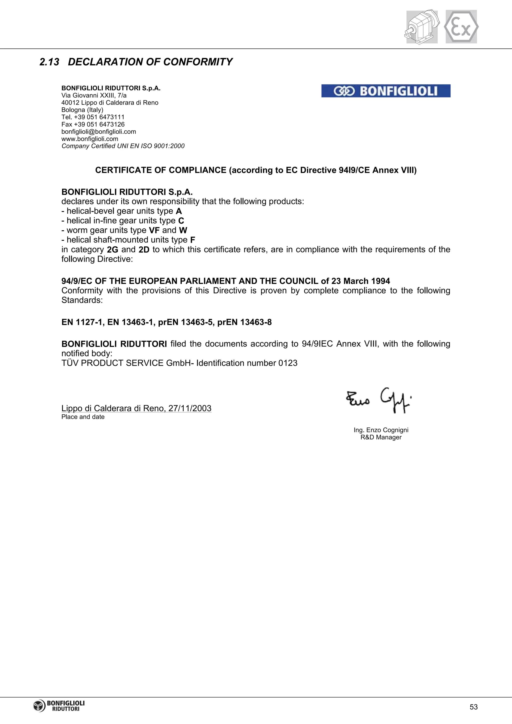 2.13 DECLARATION OF CONFORMITY
BONFIGLIOLI RIDUTTORI S.p.A.
Via Giovanni XXIII, 7/a
40012 Lippo di Calderara di Reno
Bologna (Italy)
Tel. +39 051 6473111
Fax +39 051 6473126
bonfiglioli@bonfiglioli.com
www.bonfiglioli.com
Company Certified UNI EN ISO 9001:2000
CERTIFICATE OF COMPLIANCE (according to EC Directive 94I9/CE Annex VIII)
BONFIGLIOLI RIDUTTORI S.p.A.
declares under its own responsibility that the following products:
- helical-bevel gear units type A
- helical in-fine gear units type C
- worm gear units type VF and W
- helical shaft-mounted units type F
in category 2G and 2D to which this certificate refers, are in compliance with the requirements of the
following Directive:
94/9/EC OF THE EUROPEAN PARLIAMENT AND THE COUNCIL of 23 March 1994
Conformity with the provisions of this Directive is proven by complete compliance to the following
Standards:
EN 1127-1, EN 13463-1, prEN 13463-5, prEN 13463-8
BONFIGLIOLI RIDUTTORI filed the documents according to 94/9IEC Annex VIII, with the following
notified body:
TÜV PRODUCT SERVICE GmbH- Identification number 0123
Lippo di Calderara di Reno, 27/11/2003
Place and date
Ing. Enzo Cognigni
R&D Manager
53
 