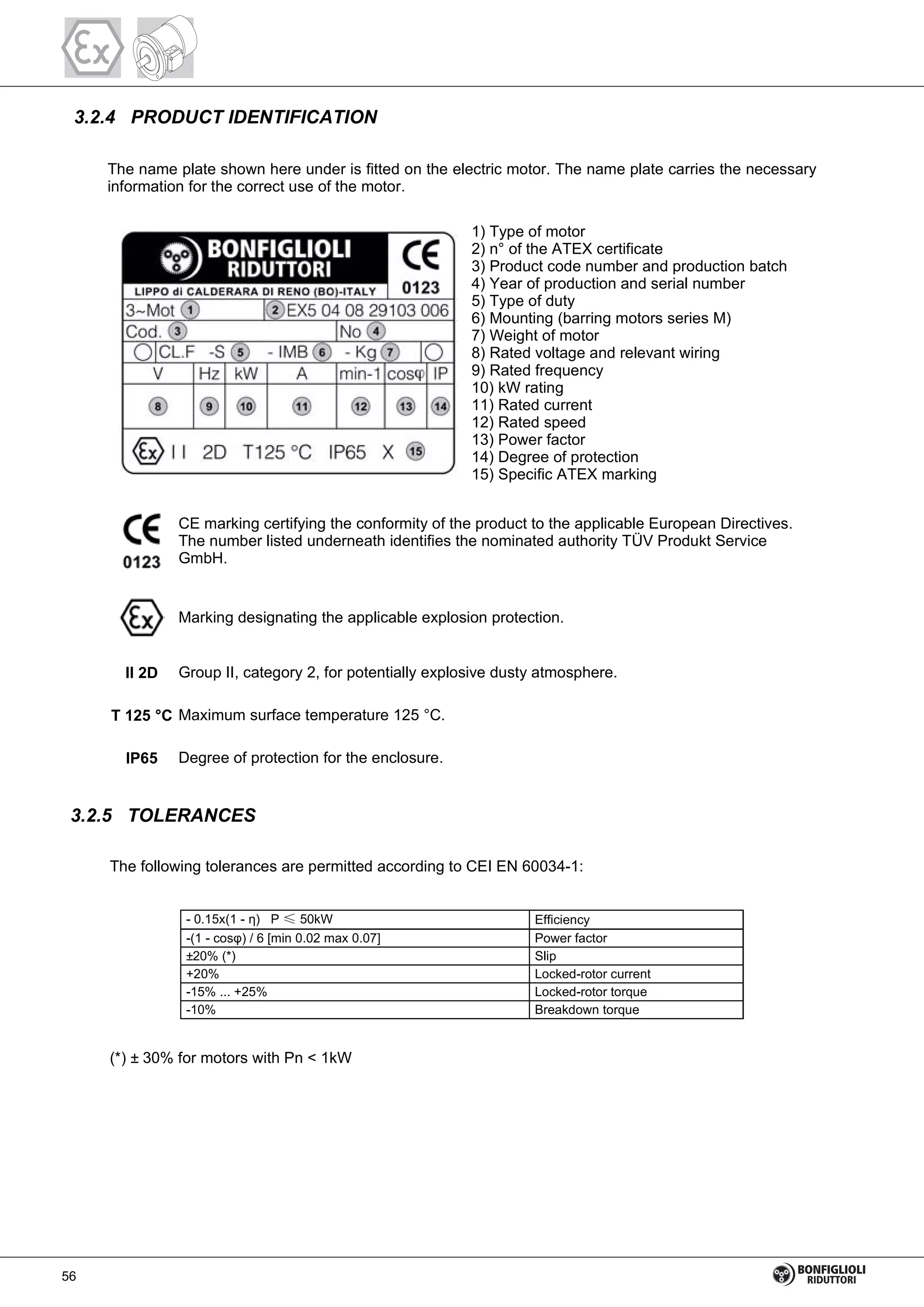 3.2.4 PRODUCT IDENTIFICATION
The name plate shown here under is fitted on the electric motor. The name plate carries the necessary
information for the correct use of the motor.
1) Type of motor
2) n° of the ATEX certificate
3) Product code number and production batch
4) Year of production and serial number
5) Type of duty
6) Mounting (barring motors series M)
7) Weight of motor
8) Rated voltage and relevant wiring
9) Rated frequency
10) kW rating
11) Rated current
12) Rated speed
13) Power factor
14) Degree of protection
15) Specific ATEX marking
CE marking certifying the conformity of the product to the applicable European Directives.
The number listed underneath identifies the nominated authority TÜV Produkt Service
GmbH.
Marking designating the applicable explosion protection.
II 2D Group II, category 2, for potentially explosive dusty atmosphere.
T 125 °C Maximum surface temperature 125 °C.
IP65 Degree of protection for the enclosure.
3.2.5 TOLERANCES
The following tolerances are permitted according to CEI EN 60034-1:
- 0.15x(1 - ) P ≤ 50kW Efficiency
-(1 - cos ) / 6 [min 0.02 max 0.07] Power factor
±20% (*) Slip
+20% Locked-rotor current
-15% ... +25% Locked-rotor torque
-10% Breakdown torque
(*) ± 30% for motors with Pn < 1kW
56
 