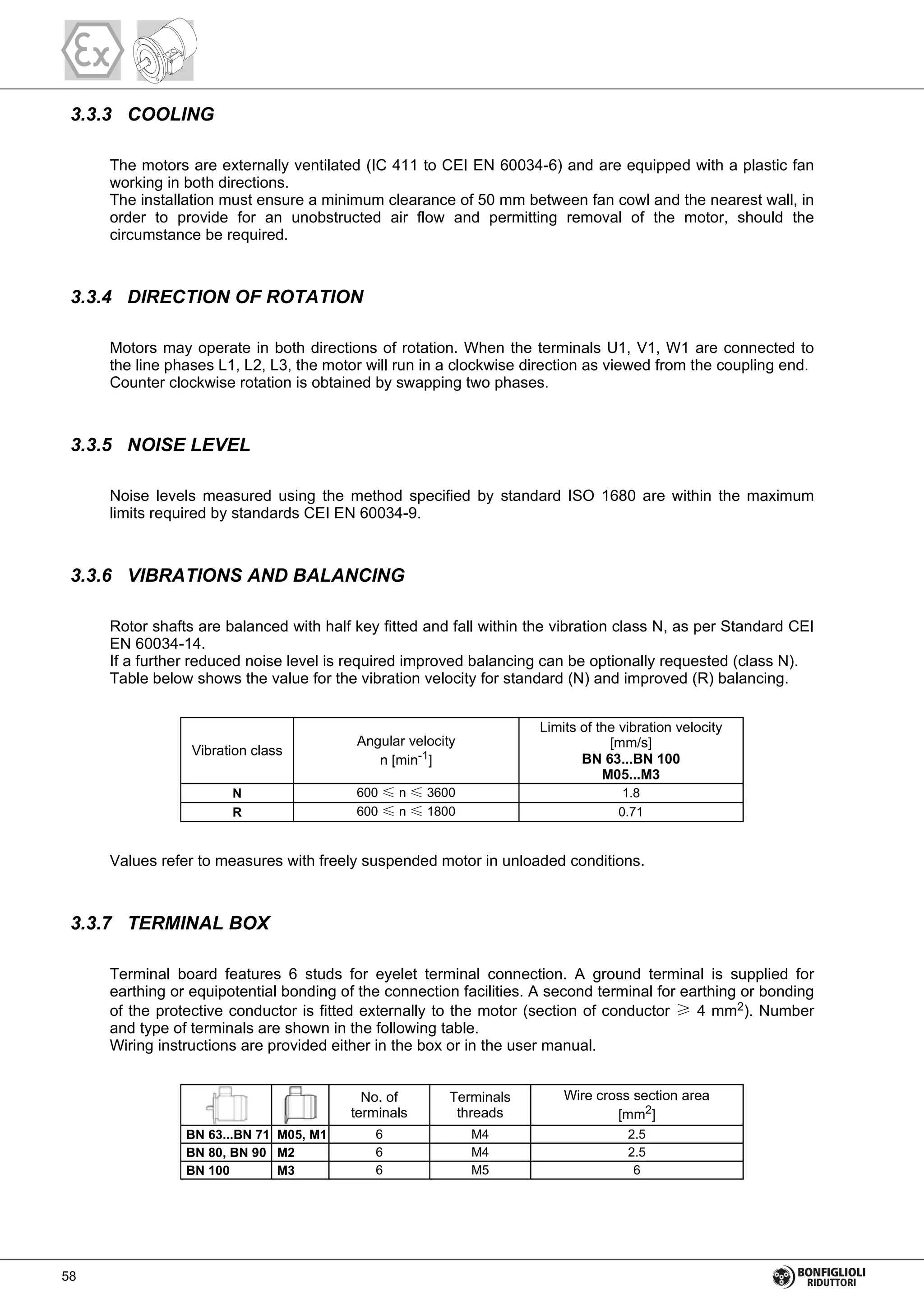 3.3.3 COOLING
The motors are externally ventilated (IC 411 to CEI EN 60034-6) and are equipped with a plastic fan
working in both directions.
The installation must ensure a minimum clearance of 50 mm between fan cowl and the nearest wall, in
order to provide for an unobstructed air flow and permitting removal of the motor, should the
circumstance be required.
3.3.4 DIRECTION OF ROTATION
Motors may operate in both directions of rotation. When the terminals U1, V1, W1 are connected to
the line phases L1, L2, L3, the motor will run in a clockwise direction as viewed from the coupling end.
Counter clockwise rotation is obtained by swapping two phases.
3.3.5 NOISE LEVEL
Noise levels measured using the method specified by standard ISO 1680 are within the maximum
limits required by standards CEI EN 60034-9.
3.3.6 VIBRATIONS AND BALANCING
Rotor shafts are balanced with half key fitted and fall within the vibration class N, as per Standard CEI
EN 60034-14.
If a further reduced noise level is required improved balancing can be optionally requested (class N).
Table below shows the value for the vibration velocity for standard (N) and improved (R) balancing.
N 600 ≤ n ≤ 3600 1.8
R 600 ≤ n ≤ 1800 0.71
Vibration class
Angular velocity
n [min-1]
Limits of the vibration velocity
[mm/s]
BN 63...BN 100
M05...M3
Values refer to measures with freely suspended motor in unloaded conditions.
3.3.7 TERMINAL BOX
Terminal board features 6 studs for eyelet terminal connection. A ground terminal is supplied for
earthing or equipotential bonding of the connection facilities. A second terminal for earthing or bonding
of the protective conductor is fitted externally to the motor (section of conductor ≥ 4 mm2). Number
and type of terminals are shown in the following table.
Wiring instructions are provided either in the box or in the user manual.
BN 63...BN 71 M05, M1 6 M4 2.5
BN 80, BN 90 M2 6 M4 2.5
BN 100 M3 6 M5 6
No. of
terminals
Terminals
threads
Wire cross section area
[mm2]
58
 