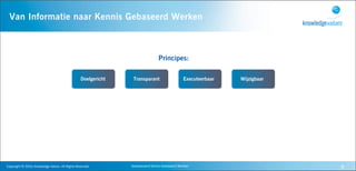 Van Informatie naar Kennis Gebaseerd Werken



                                                                                                      Principes:

                                                                    Doelgericht    Transparant                           Executeerbaar   Wijzigbaar




Copyright	
  ©	
  2010,	
  Knowledge	
  Values.	
  All	
  Rights	
  Reserved.     Geavanceerd	
  Kennis	
  Gebaseerd	
  Werken                        8
 