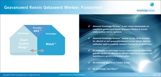 Geavanceerd Kennis Gebaseerd Werken: Fundament



                                                                                                                                             ✓   Advanced Knowledge Services™ is een unieke totaalaanpak om
                                                             Principles:
                                                                                                                                                 razendsnel geavanceerd Kennis Gebaseerd Werken te kunnen
                                                              AKS™                                                                               implementeren binnen bedrijven.
                             Methodology:                                       Technology:

                                                                                                                                             ✓   Advanced Knowledge Services™ bestaat uit een viertal principes
                                Smart                                                                                                            die effectief en snel geoperationaliseerd kunnen worden door een
                               Content                                          Match™                                                           methodiek (wetenschappelijk bewezen Framework) en technologie.
                               Design™
                                                                                                                                             ✓   De methodiek en technologie kunnen zowel samen als afzonderlijk
                                                                                                                                                 gebruikt worden om effectief en efficiënt verschillende bronnen van
                                                                                                                                                 bedrijfskennis gericht in te kunnen zetten.


                                                                                                                                             ✓   De methodiek heet Smart Content Design™


                                                                                                                                             ✓   De technologie heet Match™

Copyright	
  ©	
  2010,	
  Knowledge	
  Values.	
  All	
  Rights	
  Reserved.                 Geavanceerd	
  Kennis	
  Gebaseerd	
  Werken                                                                             10
 