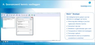 A: Geavanceerd kennis vastleggen


                                                                                                                                  Match™ Developer
                                                                                                                                  Het intelligente kennis systeem voor het
                                                                                                                                  definiëren en vastleggen van kennis:
                                                                                                                                  ✓ Wiskundig altijd volledig en juist door
Stap
                                                                                                                                     ingebouwde inferentie machine
                                                                                                                                  ✓ Semantisch rijke taal
                                                                                                                                  ✓ Modelleren in gebruikerstaal: geen code!
                                                                                                                                  ✓ Transparante en heldere kennisweergave
                                                                                                                                  ✓ Eenvoudig in gebruik
                                                                                                                                  ✓ Automatische check op compleetheid,
                                                                                                                                     consistentie en correctheid



   Copyright	
  ©	
  2010,	
  Knowledge	
  Values.	
  All	
  Rights	
  Reserved.   Geavanceerd	
  Kennis	
  Gebaseerd	
  Werken                                               21
 