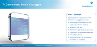 A: Geavanceerd kennis vastleggen


                                                                                                                                  Match™ Developer
                                                                                                                                  Het intelligente kennis systeem voor het
                                                                                                                                  definiëren en vastleggen van kennis:
                                                                                                                                  ✓ Wiskundig altijd volledig en juist door
Stap
                                                                                                                                     ingebouwde inferentie machine
                                                                                                                                  ✓ Semantisch rijke taal
                                                                                                                                  ✓ Modelleren in gebruikerstaal: geen code!
                                                                                                                                  ✓ Transparante en heldere kennisweergave
                                                                                                                                  ✓ Eenvoudig in gebruik
                                                                                                                                  ✓ Automatische check op compleetheid,
                                                                                                                                     consistentie en correctheid



   Copyright	
  ©	
  2010,	
  Knowledge	
  Values.	
  All	
  Rights	
  Reserved.   Geavanceerd	
  Kennis	
  Gebaseerd	
  Werken                                               21
 