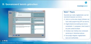 B: Geavanceerd kennis gebruiken


                                                                                                                                           Match™ Players
                                                                                                                                           Diversiteit aan media mogelijkheden voor het
                                                                                 Advanced                                                  razendsnel toepassen van kennis:
                                                                                 knowledge
                                                                                specification                                              ✓ Uitrol in no-time door vrijwel ontbreken van
                                                                                                                                              hard coded programming (STP van kennis)
                                                                                                                                           ✓ Ongelimiteerde kennisdeling door kennis
                                                                                                                                              centralisatie: 1 x aanpassen, direct overal in
                                                                                                                                              de juiste context bruikbaar
                                                                   Advanced                       Advanced
                                                                                                                                           ✓ Intuïtieve User Interface door contextuele
                                                                   knowledge                      knowledge
                                                                   monitoring                   implementation                                aansturing en interactieve opbouw
                                                                                                                                           ✓ Eenvoudige integratie mogelijkheden:
                                                                                                                                              back end onafhankelijk


Copyright	
  ©	
  2010,	
  Knowledge	
  Values.	
  All	
  Rights	
  Reserved.               Geavanceerd	
  Kennis	
  Gebaseerd	
  Werken                                             22
 