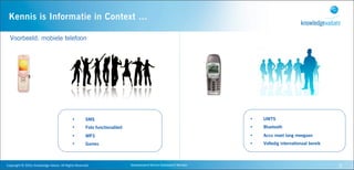 Kennis is Informatie in Context ...

   Voorbeeld: mobiele telefoon




                                                             •           SMS                                                                   •   UMTS
                                                             •           Foto functionaliteit                                                  •   Bluetooth
                                                             •           MP3                                                                   •   Accu moet lang meegaan
                                                             •           Games                                                                 •   Volledig internationaal bereik



Copyright	
  ©	
  2010,	
  Knowledge	
  Values.	
  All	
  Rights	
  Reserved.                   Geavanceerd	
  Kennis	
  Gebaseerd	
  Werken                                        6
 