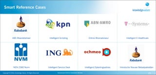 Smart Reference Cases




                    ABS Waardebeheer                                             Intelligent Scripting                                       Online Woonadviseur              Intelligent E-Healthcare




                      NEN 2580 Norm                                             Intelligent Service Desk                                 Intelligent Opleidingsadvies   Introductie Nieuwe Betaalpakketten

Copyright	
  ©	
  2010,	
  Knowledge	
  Values.	
  All	
  Rights	
  Reserved.             Geavanceerd	
  Kennis	
  Gebaseerd	
  Werken                                                               25
 