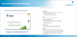 Voorbeeld Informatie Gebaseerd                                                                             !"#$%&'()*()&(+!,(-./012345)%6)))*7+!,7-./0123477)&#)*#$))&77885)977:;<1=;788




                                                                                                                         Voorwaarden voor gebruik

             Informatie Gebaseerde communicatie:                                                                               Benodigdheden
                                                                                                                               Om van Digitenne gebruik te kunnen maken, hebt u het volgende nodig:
                                                                                                                               – Een abonnement op Digitenne met smartcard.
                                                                                                                               – Het startpakket Digitenne (zie pagina ).
                                                                                                                               – Een TV. Elk type TV is geschikt, ook oudere TV’s.


                                                                                                                               Let op!
                                                                                                                               U kunt maar één TV op de Personal Recorder aansluiten.


                                                                                                                               Mogelijke aanvullende apparatuur
                                                                                                                               – Eventueel een video-/DVD-recorder als u programma's wilt kopiëren
                                                                                                                                  van uw Personal Recorder naar een videoband of DVD-RW-schijf.
                                                                                                                               – Eventueel een versterker.
                                                                                                                               – Eventueel een Home Cinema Set.


                                                                                                                               Aantal smartcards
                                                                                                                               – Per abonnement kunt u maximaal drie smartcards gebruiken
                                                                                                                               – Voor iedere Personal Recorder hebt u één smartcard nodig.


                                                                                                                               Beveiliging
                                                                                                                               Zenders en instellingen van de Personal Recorder zijn beveiligd met twee
                                                                                                                               pincodes: een pincode voor de smartcard en een pincode voor de Personal
                                                                                                                               Recorder. In de standaardinstelling is de pincode van de smartcard  en
                    Complex en “zoek het zelf maar uit”                                                                        van de recorder . Om misbruik te voorkomen is het verstandig om
                                                                                                                               deze pincodes te wijzigen in persoonlijke pincodes. Zie hiervoor respectie-
                                                                                                                               velijk pagina  en .


Copyright	
  ©	
  2010,	
  Knowledge	
  Values.	
  All	
  Rights	
  Reserved.   Geavanceerd	
  Kennis	
  Gebaseerd	
  Werken   Ontvangstgebied
                                                                                                                                                                                                             7
 