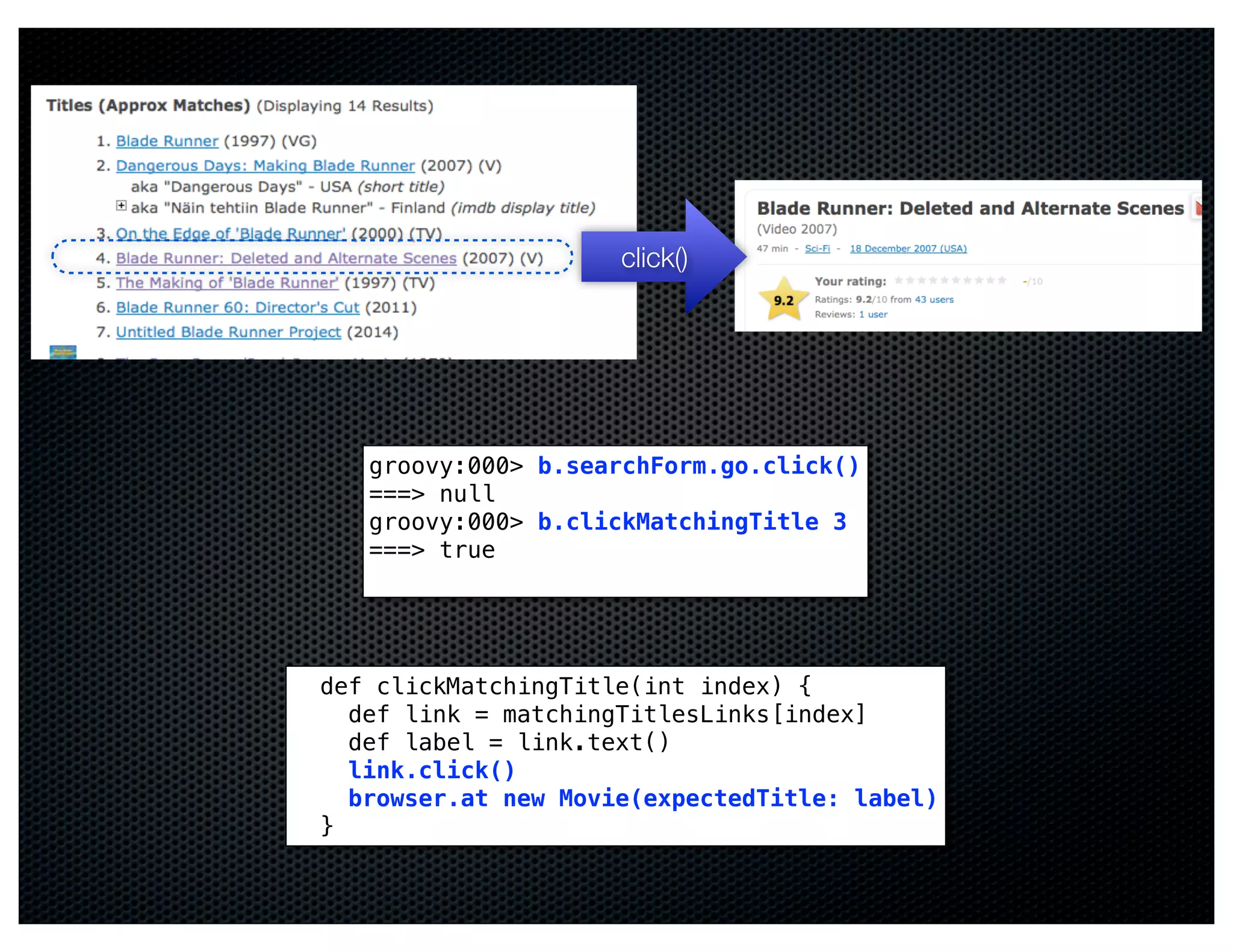 click()




   groovy:000> b.searchForm.go.click()
   ===> null
   groovy:000> b.clickMatchingTitle 3
   ===> true




def clickMatchingTitle(int index) {
  def link = matchingTitlesLinks[index]
  def label = link.text()
  link.click()
  browser.at new Movie(expectedTitle: label)
}
 