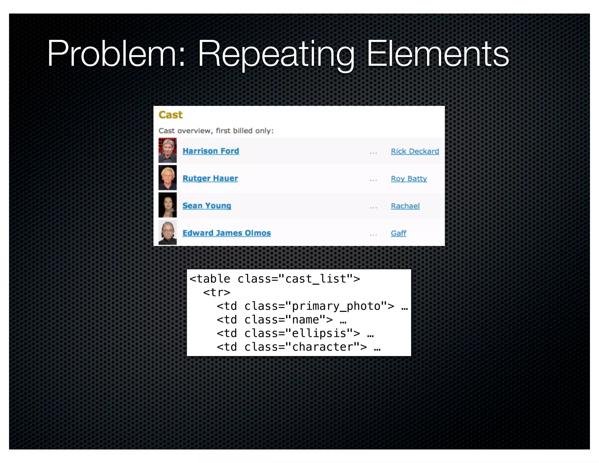 Problem: Repeating Elements




        <table class="cast_list">
          <tr>
            <td class="primary_photo"> …
            <td class="name"> …
            <td class="ellipsis"> …
            <td class="character"> …
 