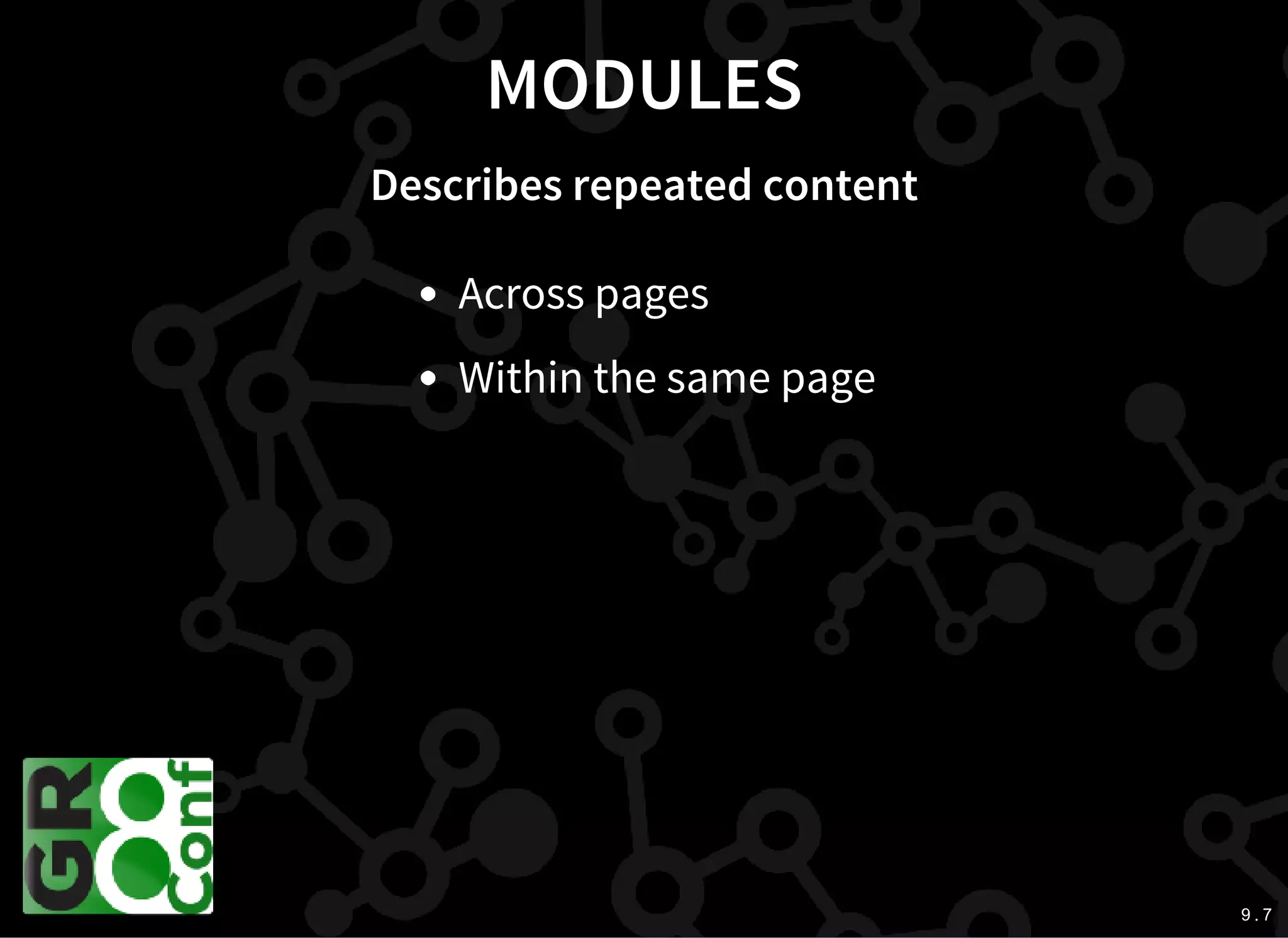9 . 7
MODULES
Describes repeated content
Across pages
Within the same page
 
