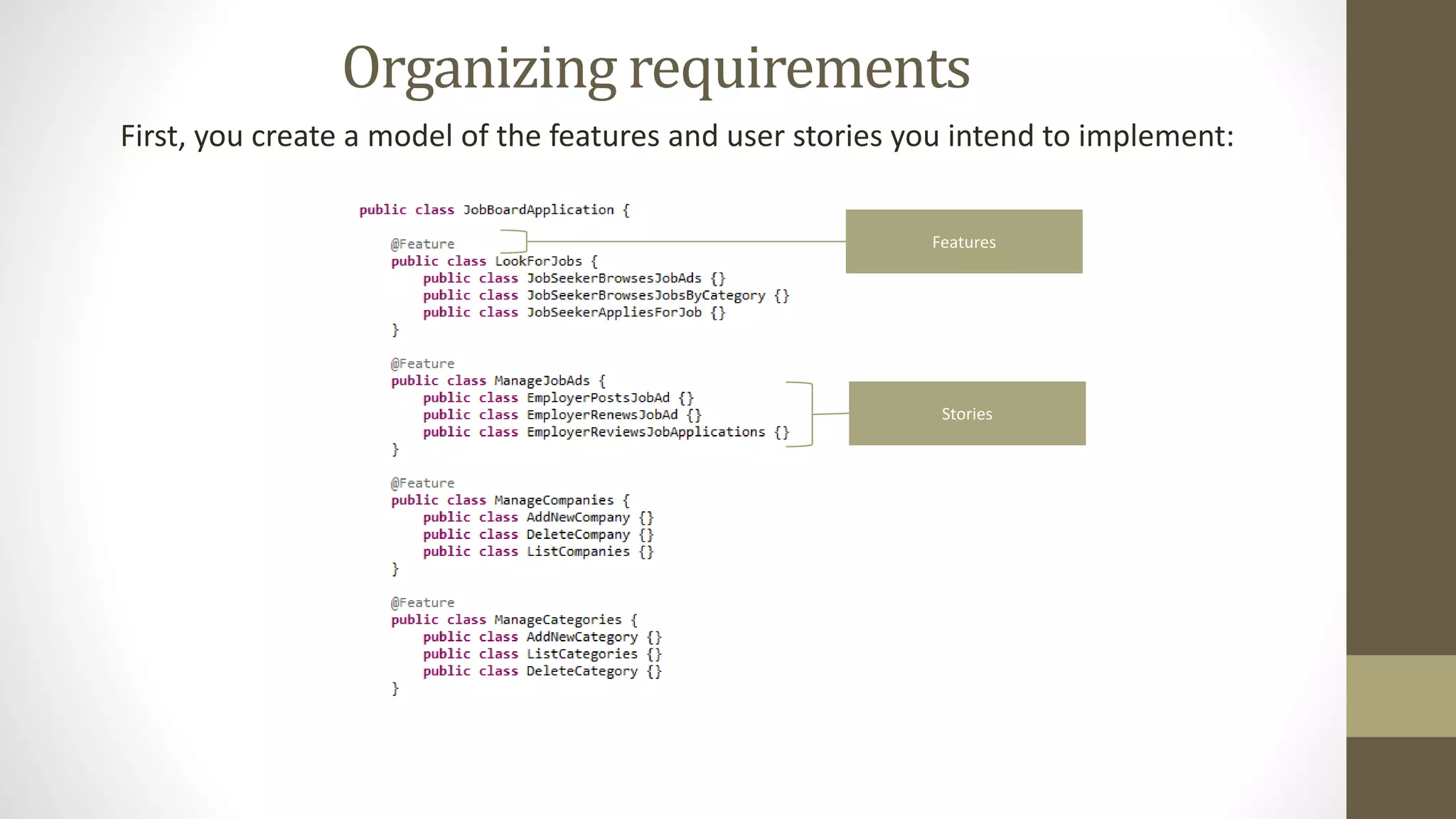 Organizing requirements
First, you create a model of the features and user stories you intend to implement:
Stories
Features
 