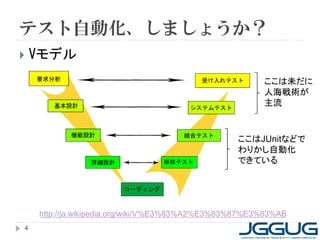 テスト自動化、しましょうか？
   Vモデル
                                                       ここは未だに
                                                       人海戦術が
                                                       主流



                                                 ここはJUnitなどで
                                                 わりかし自動化
                                                 できている




    http://ja.wikipedia.org/wiki/V%E3%83%A2%E3%83%87%E3%83%AB
4
 