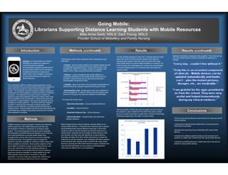 Going Mobile:
                                     Librarians Supporting Distance Learning Students with Mobile Resources
                                                                                              Billie A
                                                                                              Billi Anne Gebb, MSLS Zach Young, MSLS
                                                                                                         G bb MSLS; Z h Y
                                                                                             Frontier School of Midwifery and Family Nursing


                  Introduction                                                   Methods (continued)                                                                     Results                                                Results (continued)
                                                                                                                                                                                                                    Selected comments in response to the question, “How often did you
                                                                                                                                             For four of these sessions in early 2011, students were surveyed
                                                                                                                                                                                                                    use your mobile device to access information to assist you in
                                                                      The following criteria were considered when evaluating clinical        about their level of comfort and the efficacy of the training.         clinical?”
                     Objective: To demonstrate how medical            resources:                                                             Students were asked to rate their level of comfort with using
                     librarians can support an institution’s                                                                                 their mobile device for school related activities on a scale of 1 to
                     overarching goal to graduate                       • Content - clinical content needed to be evidence-based as well     5 with 5 being very comfortable and 1 being very uncomfortable.
                     technologically competent practitioners to         as applicable and appropriate for nurse-midwives and nurse           The mean response was 3.73. Students were also asked the
                     provide quality health care by increasing          practitioners. Depth of coverage, frequency of updates, and
                                                                                                                                             question below:
                                                                        ability to link to other resources was also considered.
                     availability of electronic resources to
                     better match those available to clinicians         • Platform - cross-compatibility with mobile platforms is
                     and providing training and support for             somewhat dependent on the mobile device requirement for
                     those resources.                                   students. A resource that can be used via the web with a
                                                                        downloadable component is ideal.

The small library staff of a distance-based graduate nursing            • Usability - ease of use was a very important consideration as
school selected resources and provided training and support for         students would be using the resources at the point of care.
those resources as part of a grant funded emerging media
project. The institution received funding to initiate a proposal to     • Sustainability (cost) - though grant funds were available for
incorporate new technologies for enhancing delivery of distance         initial subscriptions, in order to continue the subscriptions past
education. One objective of the grant was to increase the               the term of the grant, the resource needed to be affordable.
electronic resources available to students to better match what
will b available t th
  ill be   il bl to them as clinicians. B
                               li i i    Because th grant also
                                                    the     t l
                                                                       The resources chosen were:
provided for a mobile initiative, the resources selected were all
available on mobile platforms. The library staff was integrally
involved in choosing the resources, providing support and                    • Epocrates Essentials - drug and disease reference
training, and by extension, providing support and training on
mobile devices. Various student surveys reveal that students feel            • DynaMed - clinical reference
                                                                                                                                             Clinical students (n=228) were also surveyed over the course of
comfortable and confident using these resources and consider
them essential for practice.                                                 • Essential Evidence Plus - clinical reference                  the academic year to determine how often they used a mobile                                Conclusions
                                                                                                                                             device to access information to assist them in clinical. Percentage
                                                                             • Natural Standard - complementary and alternative              of students responding “very often” is shown below:
                                                                                                                                                                                                                     •Point of care clinical reference resources are an important tool for
                       Methods                                               therapy reference
                                                                                                                                                         Percentage of Clinical Students' Using their Device
                                                                                                                                                                                                                     clinical students.
                                                                                                                                                                                                                      li i l t d t
                                                                                                                                                                            “Very Often”
FSMFN received a Nurse Education, Practice and Retention              Before beginning their clinical rotations, students attend an on-                                                                              •Librarians and faculty should collaborate in choosing clinical
                                                                                                                                                   60%
(NEPR) grant from the Health Resources and Services                   campus skills intensive. During this time, librarians lead a session                                                                           resources for purchase.
Administration (HRSA) to implement an emerging media                  demonstrating these clinical reference resources. A document
                                                                      camera is used so that the students can see the resource on a                50%                                                               •Students are becoming more comfortable with using mobile
project. The overarching goal of the grant was to graduate
                                                                                                                                                                                                                     devices.
technologically competent advanced practice nurse-midwives            mobile device. Students are encouraged to follow along on their
and nurse practitioners to provide quality health care                own devices, and they have the opportunity to ask questions.                 40%
                                                                                                                                                                                                                     •Librarian led software specific training is well received by all
throughout the country with a focus on rural and medically            Examples are taken from their clinical scenarios to increase the                                                                               students no matter their comfort level with using mobile devices.
underserved areas. One objective was to increase the                  relevance to real-life situations. One challenge with these sessions         30%
electronic resources available to students to better match what       is that students have varying levels of comfort with using mobile                                                                              •Librarians providing training on mobile resources must also be
                                                                                                                                                                                                                      Librarians
will be available as clinicians. Since another objective of the       devices in general and often seek technical support. Students who                                                                              experts in using mobile devices.
                                                                                                                                                   20%
grant called for students to begin using mobile devices, and          have technical difficulties such as problems downloading the
due to the introduction of clinical reporting software on             resources are offered one on one assistance.
                                                                                                                                                   10%
handheld devices, it was decided that the clinical reference
resources should be available on mobile platforms as well.
While specific resources were mentioned in the grant                                                                                                0%
                                                                                                                                                          Winter 2010   Spring 2010   Summer 2010   Fall 2010
application, the library staff was charged with vetting those
resources and proposing alternatives where necessary.
 