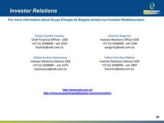 Investor Relations
For more information about Grupo Energía de Bogotá contact our Investor Relations team:
http://www.eeb.com.co
http://www.grupoenergiadebogota.com/en/investors
Fabian Sánchez Aldana
Investor Relations Advisor GEB
+57 (1) 3268000 – ext 1897
fsanchez@eeb.com.co
Antonio Angarita
Investor Relations Officer GEB
+57 (1) 3268000 - ext 1546
aangarita@eeb.com.co
Rafael Andres Salamanca
Investor Relations Advisor GEB
+57 (1) 3268000 – ext 1675
rsalamanca@eeb.com.co
Felipe Castilla Canales
Chief Financial Officer - GEB
+57 (1) 3268000 – ext 1501
fcastilla@eeb.com.co
20
 