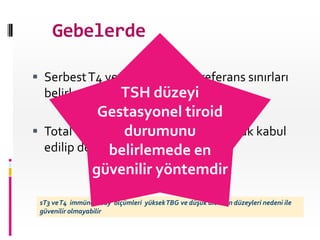  SerbestT4 veT3 için gebelik referans sınırları
belirlenmemiştir.
 TotalT4 düzeyinin 1.5 x üst sınır olarak kabul
edilip değerlendirilmelidir
Gebelerde
sT3 veT4 immünoassay ölçümleri yüksekTBG ve düşük albümin düzeyleri nedeni ile
güvenilir olmayabilir
TSH düzeyi
Gestasyonel tiroid
durumunu
belirlemede en
güvenilir yöntemdir
 