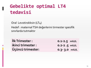 Gebelikte optimal LT4
tedavisi
Oral Levotirokksin (LT4)
Hedef : maternalTSH değerlerini tirmester spesifik
sınırlarda tutmaktır
İlkTrimester : 0.1-2.5 mIU/L
ikinci trimester : 0.2-2 .5 mIU/L
Üçüncü trimester: 0.3- 3.0 mIU/L
19
 