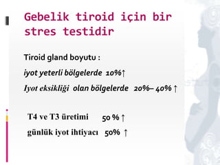 Gebelik tiroid için bir
stres testidir
Tiroid gland boyutu :
iyot yeterli bölgelerde 10%↑
Iyot eksikliği olan bölgelerde 20%– 40% ↑
T4 ve T3 üretimi
günlük iyot ihtiyacı 50% ↑
4
50 % ↑
 