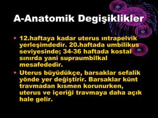 A-Anatomik Degişiklikler
• 12.haftaya kadar uterus ıntrapelvik
  yerleşimdedir. 20.haftada umbilikus
  seviyesinde; 34-36 haftada kostal
  sınırda yani supraumbilkal
  mesafededir.
• Uterus büyüdükçe, barsaklar sefalik
  yönde yer değiştirir. Barsaklar künt
  travmadan kısmen korunurken,
  uterus ve içeriği travmaya daha açık
  hale gelir.
 