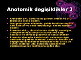 Anotomik degişiklikler 3
• Amniyotik sıvı, damar içine girerse, emboli ve DİC
  tablosuna sebep olabilir.
• Geç gestasyonel dönemde, pelvik fraktürler fetüste
  kafa kırıkları ve ciddi intrakraniyal hasara neden
  olabilir.
• Plasental doku, elastisitesinin eksikliği nedeniyle,
  uteroplasental yüzde yırtıcı kuvvetlere karşı
  hassastır ve abrasyo plasenta ile sonuçlanabilir.
• Plasental damarlar katekolamin salınımına aşırı
  derecede duyarlıdır. Maternal damar içi hacmin ani
  düşüşü uterin damarsal direncinde ciddi artışa ve
  normal maternal vital bulgulara rağmen fetal
  oksijenizasyonun azalmasına neden olur.
 