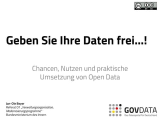Geben Sie Ihre Daten frei...!
Chancen, Nutzen und praktische
Umsetzung von Open Data
Jan-Ole Beyer
Referat O1 „Verwaltungsorganisation,
Modernisierungsprogramme“
Bundesministerium des Innern
 