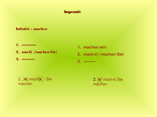 ImperativImperativ
Infinitiv : machen
1. -----------
2. mach! /machen Sie!
3. ----------
1. machen wir!
2. mach-t! / machen Sie!
3. ---------
2. du machst / Sie
machen
2. ihr mach-t/ Sie
machen
 