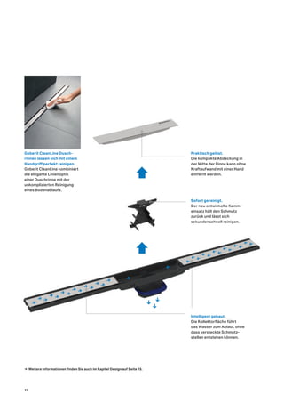 → Weitere Informationen finden Sie auch im Kapitel Design auf Seite 15.
Intelligent gebaut.
Die Kollektorfläche führt
das Wasser zum Ablauf, ohne
dass versteckte Schmutz-
stellen entstehen können.
Sofort gereinigt.
Der neu entwickelte Kamm-
einsatz hält den Schmutz
zurück und lässt sich
sekundenschnell reinigen.
Praktisch gelöst.
Die kompakte Abdeckung in
der Mitte der Rinne kann ohne
Kraftaufwand mit einer Hand
entfernt werden.
Geberit CleanLine Dusch-
rinnen lassen sich mit einem
Handgriﬀ perfekt reinigen.
Geberit CleanLine kombiniert
die elegante Linienoptik
einer Duschrinne mit der
unkomplizierten Reinigung
eines Bodenablaufs.
12
 