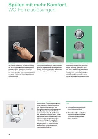 Spülen mit mehr Komfort.
WC-Fernauslösungen.
Fernbetätigungen ohne Stromanschluss.
Diese Fernbetätigungen arbeiten pneu-
matisch und benötigen deshalb keinen
Strom. Die Entfernung zum Spülkasten
kann bis zu zwei Meter betragen.
Kompakt, hochwertig und elegant:
Fernbetätigung Typ01 in glanzver-
chromt, Typ10 in Edelstahl-Optik
und Typ70 aus Edelstahl gebürstet
(von oben nach unten). Letztere
benötigt dank einer im Spülkasten
eingebauten Servoeinheit nur ein
sanftes Antippen zur Spülauslösung.
Fernauslösung mit Stromanschluss.
Fernauslöser können in Stütz-Klapp-
griffe eingebaut oder als Taster an
der Wand montiert werden. Die
Signalübertragung erfolgt wahlweise
über Funksignal oder Kabel. Funk-
auslöser stehen für die Griffserien
der namhaften Anbieter bereit. Funk-
gesteuerte Wandtaster sind auch mit
Batterieversorgung erhältlich und
können nachträglich eingebaut
werden. Barrierefrei laut ÖNORM-
Regelung sind nur elektronische
Auslösungen mit entsprechend
niedriger Auslösekraft.
Losgelöst.
Alltägliche Handgriffe wie die Auslösung
der WC-Spülung können für bewegungs-
eingeschränkte Menschen ein echtes
Hindernis darstellen. Eine Fernauslösung
mit einem Schalter oder Taster bietet hier
die ideale Ergänzung zur herkömmlichen
Spülauslösung.
Tipp
→ Fernauslösungen benötigen
einen Stromanschluss.
→ Planen Sie in Bad und Toilette
genügend Steckdosen bzw.
Stromanschlussdosen ein
(siehe Seite 35).
24
 