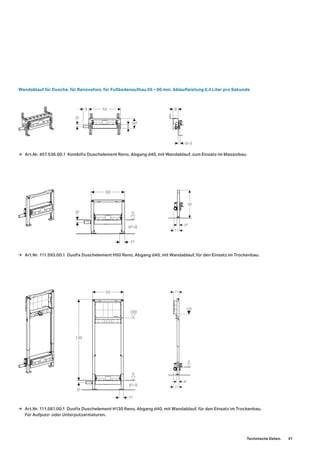 Wandablauf für Dusche, für Renovation, für Fußbodenaufbau 65 – 90 mm, Ablaufleistung 0,4 Liter pro Sekunde
→ Art.Nr. 457.536.00.1 Kombifix Duschelement Reno, Abgang d40, mit Wandablauf, zum Einsatz im Massivbau.
→ Art.Nr. 111.593.00.1 Duofix Duschelement H50 Reno, Abgang d40, mit Wandablauf, für den Einsatz im Trockenbau.
→ Art.Nr. 111.581.00.1 Duofix Duschelement H130 Reno, Abgang d40, mit Wandablauf, für den Einsatz im Trockenbau.
Für Aufputz- oder Unterputzarmaturen.
53
35
9
168
6
50
65–9
73
35
0
50
130
100
65–9
73
35
0
0 3
8
48
11
50
100
48
11
0
11
Technische Daten. 41
 