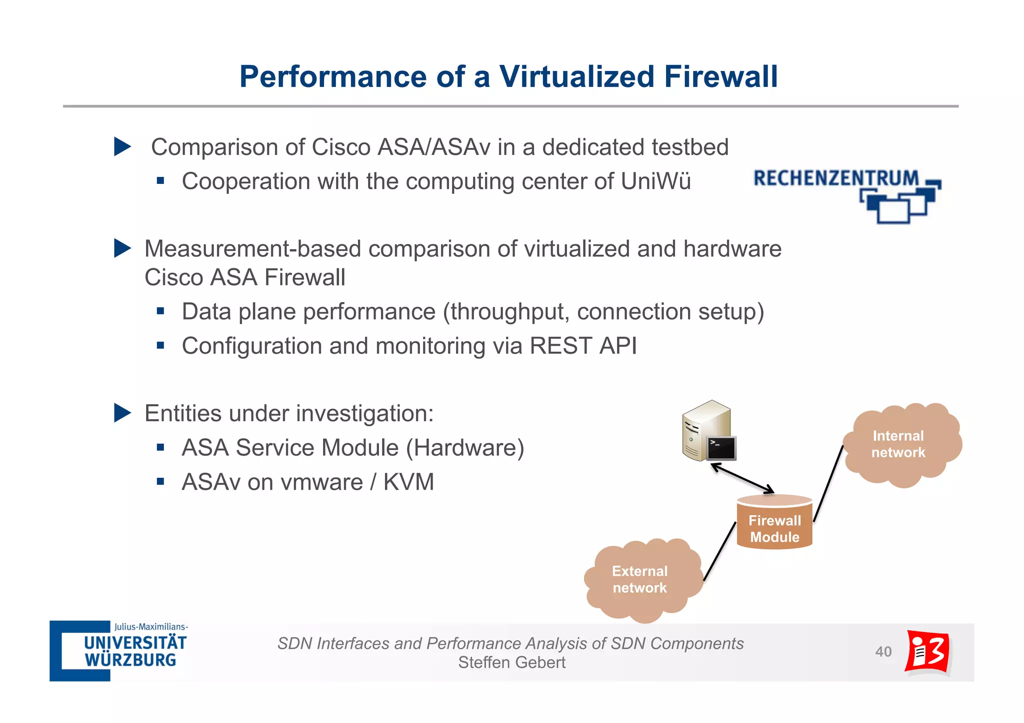 Performance of a Virtualized Firewall 
u Comparison of Cisco ASA/ASAv in a dedicated testbed 
§ Cooperation with the computing center of UniWü 
u Measurement-based comparison of virtualized and hardware 
Cisco ASA Firewall 
§ Data plane performance (throughput, connection setup) 
§ Configuration and monitoring via REST API 
SDN Interfaces and Performance Analysis of SDN Components 40 
Steffen Gebert 
u Entities under investigation: 
§ ASA Service Module (Hardware) 
§ ASAv on vmware / KVM 
External 
network 
Internal 
network 
Firewall 
Module 
 