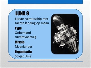 LUNA 9
Eerste ruimteschip met
zachte landing op maan
Type
Onbemand
ruimtevaartuig
Missie
Maanlander
Organisatie
Sovjet Unie

 