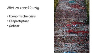 Niet zo rooskleurig
• Economische crisis
• Éénpartijstaat
• Gebaar
 