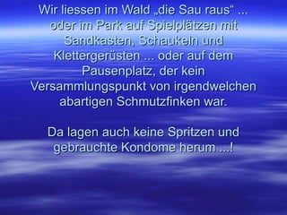 Wir liessen im Wald „die Sau raus“ ... oder im Park auf Spielplätzen mit Sandkasten, Schaukeln und Klettergerüsten ... oder auf dem Pausenplatz, der kein Versammlungspunkt von irgendwelchen abartigen Schmutzfinken war. Da lagen auch keine Spritzen und gebrauchte Kondome herum ...!   