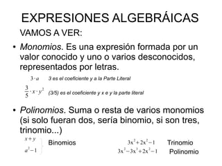 EXPRESIONES ALGEBRÁICAS
    VAMOS A VER:
●   Monomios. Es una expresión formada por un
    valor conocido y uno o varios desconocidos,
    representados por letras.
          3· a   3 es el coeficiente y a la Parte Literal
     3
       · x · y 2 (3/5) es el coeficiente y x e y la parte literal
     5

●   Polinomios. Suma o resta de varios monomios
    (si solo fueran dos, sería binomio, si son tres,
    trinomio...)
     x+ y                                                   2       2
                 Binomios                                  3x +2x −1        Trinomio
      2                                                2        3       2
     a −1                                          3x −3x +2x −1             Polinomio
 