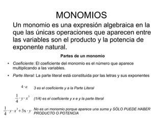 MONOMIOS
     Un monomio es una expresión algebraica en la
     que las únicas operaciones que aparecen entre
     las variables son el producto y la potencia de
     exponente natural.
                                   Partes de un monomio
 ●   Coeficiente: El coeficiente del monomio es el número que aparece
     multiplicando a las variables.
 ●   Parte literal: La parte literal está constituida por las letras y sus exponentes

         4· a    3 es el coeficiente y a la Parte Literal

      1        3
        · y · x (1/4) es el coeficiente y x e y la parte literal
      4
1
  · y · x +3x · y No es un monomio porque aparece una suma y SÓLO PUEDE HABER
         3
4                 PRODUCTO O POTENCIA
 