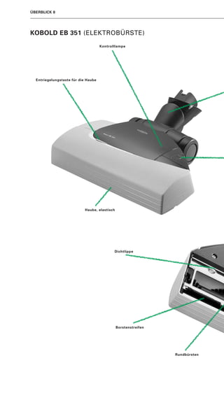 ÜBERBLICK 8




KOBOLD EB 351 (ELEKTROBÜRSTE)
                                     Kontrolllampe




  Entriegelungstaste für die Haube




                            Haube, elastisch




                                            Dichtlippe




                                               Borstenstreifen




                                                                 Rundbürsten
 