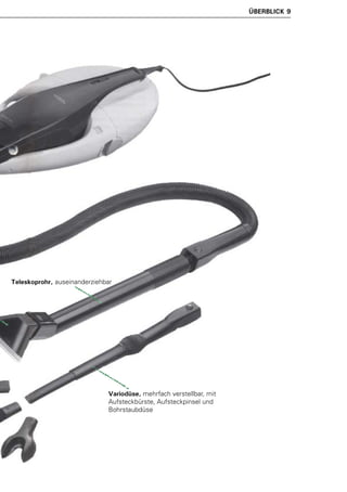 ÜBERBLICK 9




Teleskoprohr, auseinanderziehbar




                              Variodüse, mehrfach verstellbar, mit
                              Aufsteckbürste, Aufsteckpinsel und
                              Bohrstaubdüse
 