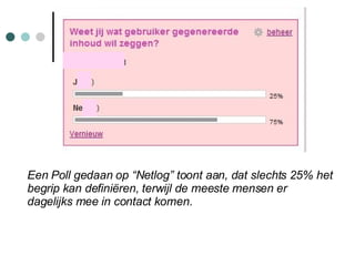 Een Poll gedaan op “Netlog” toont aan, dat slechts 25% het begrip kan definiëren, terwijl de meeste mensen er dagelijks mee in contact komen. 